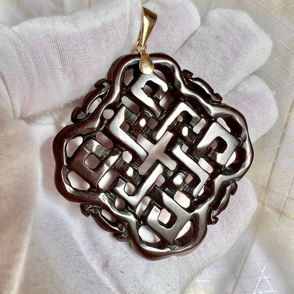 Ross Simons Brown Unisex Jade Endless Knot Pendant with 14K Gold Bale, Pendants - Picture 1 of 13